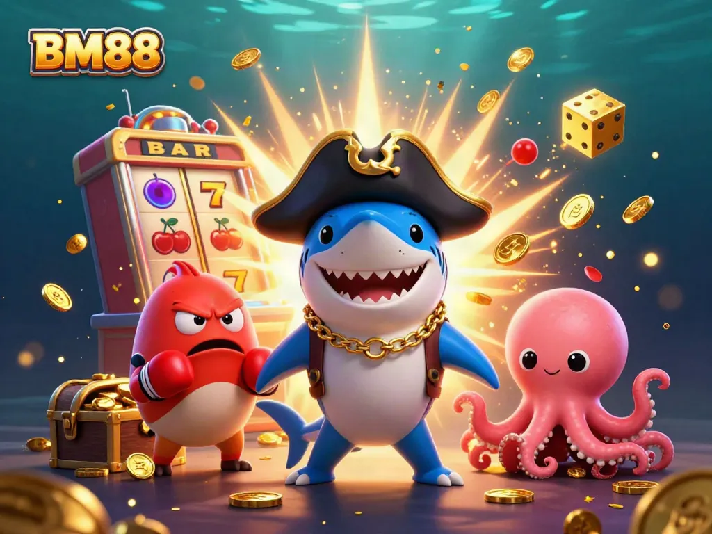 Catch the excitement of BM88 casino with vibrant characters and jackpot elements illuminating the gaming world.