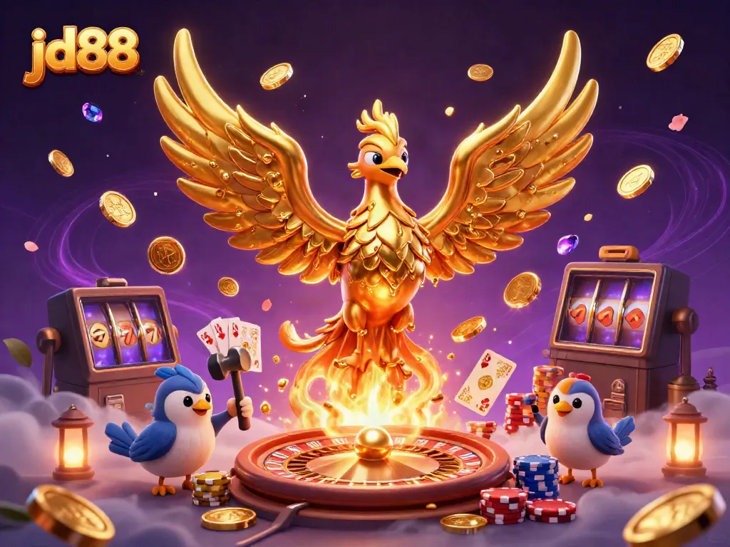 Experience the excitement of jd88 with a golden phoenix and casino-themed elements in a vibrant 3D illustration.