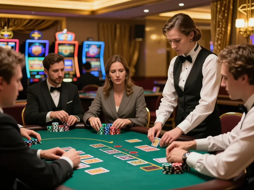 Players mastering blackjack at casino mb66, vibrant table atmosphere, intense card gameplay.
