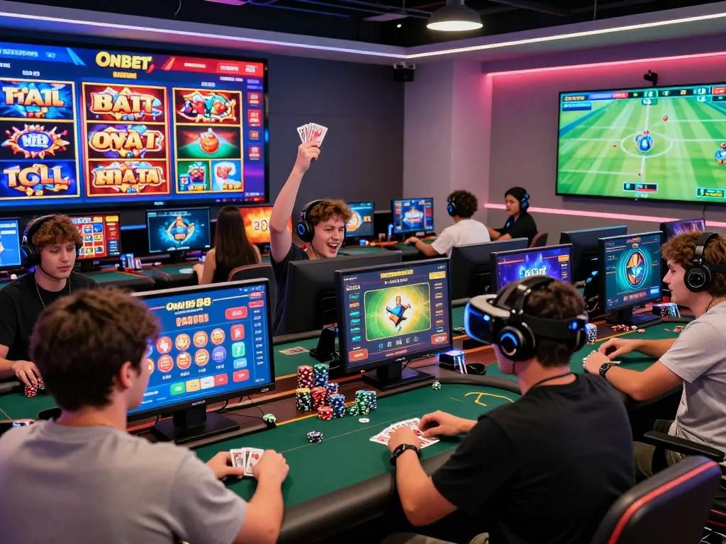 Players enjoying thrilling games at Onbet 88 in a vibrant gaming lounge.