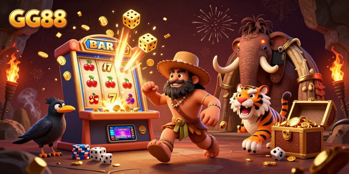 Experience thrilling gameplay at GG88 with captivating caveman and sabertooth tiger duo in a prehistoric casino.