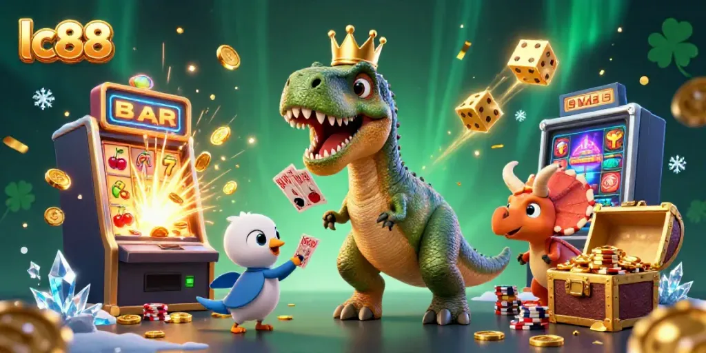 Join the excitement at lc88, featuring a playful T-Rex and friends engaging with vibrant slots and colorful games!