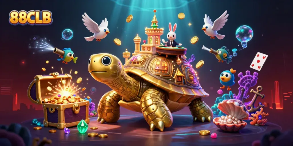 88CLB showcases a lively scene with a cartoon tortoise casino and a rabbit dealer amid golden coins.