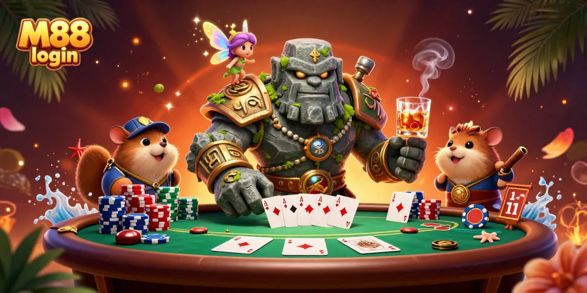 Engage with M88 login for dynamic online gaming featuring a golem and knight in a vibrant casino illustration.