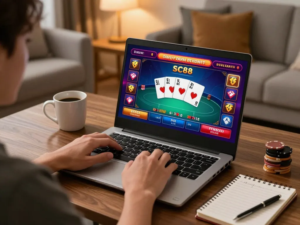 Engaged player exploring SC88 online gaming interface, showcasing strategic gameplay in a cozy setting.