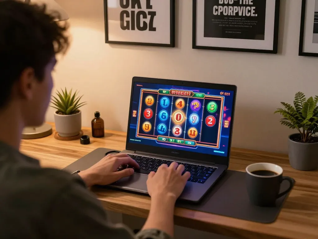 Engaging online gaming session on okfun with colorful slot reels and a cozy workspace ambiance