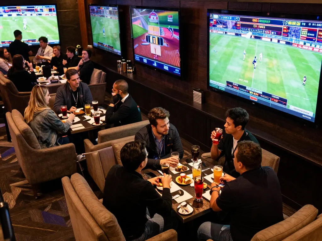 Betting enthusiasts engaging in dynamic sports betting at RR88's upscale lounge with excitement visible
