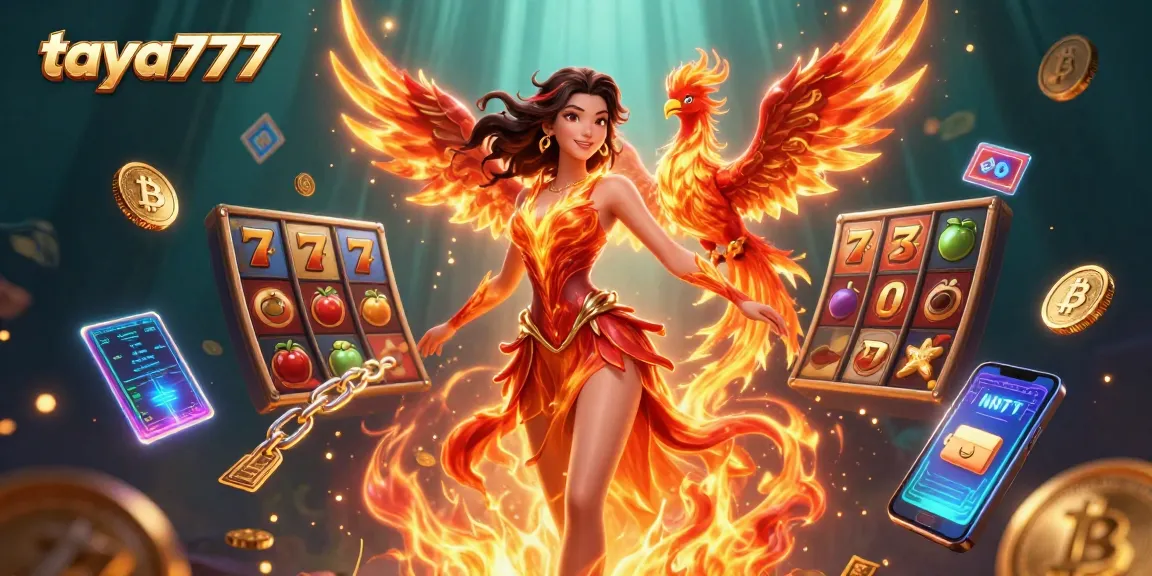 Taya777's vibrant and fiery casino scene illustrating exciting slot games and crypto elements.