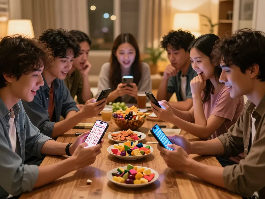 Group of friends eagerly checking Winbox lotto 4D results during a fun home gaming night