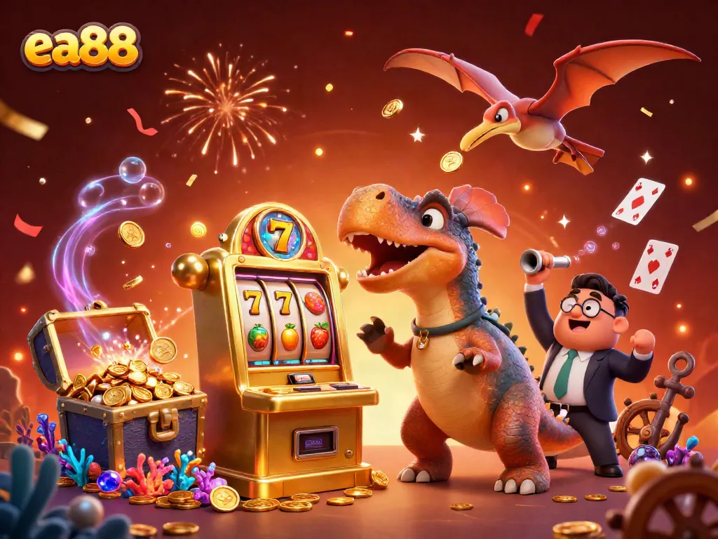 Celebrate big wins at ea88 with a fun dinosaur-themed slot machine scene, featuring colorful elements.