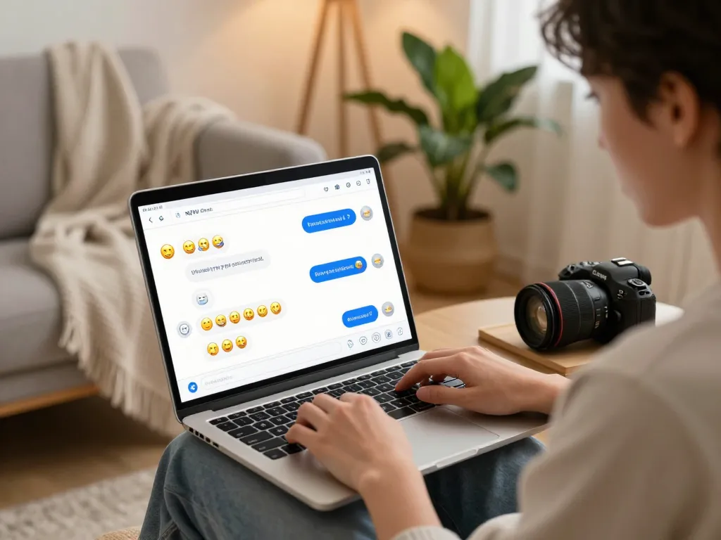 Engaging AI NSFW chat interaction in a cozy home office with vibrant digital dialogue.