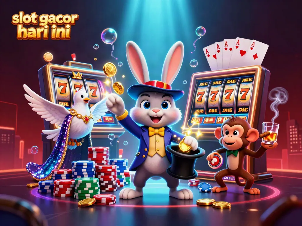 Experience the thrill of slot gacor hari ini with a vibrant 3D scene featuring a magician rabbit, glamorous dove, and playful monkey.