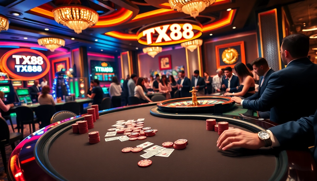 Experience the excitement at TX88's upscale casino with vibrant poker tables and roulette wheels.
