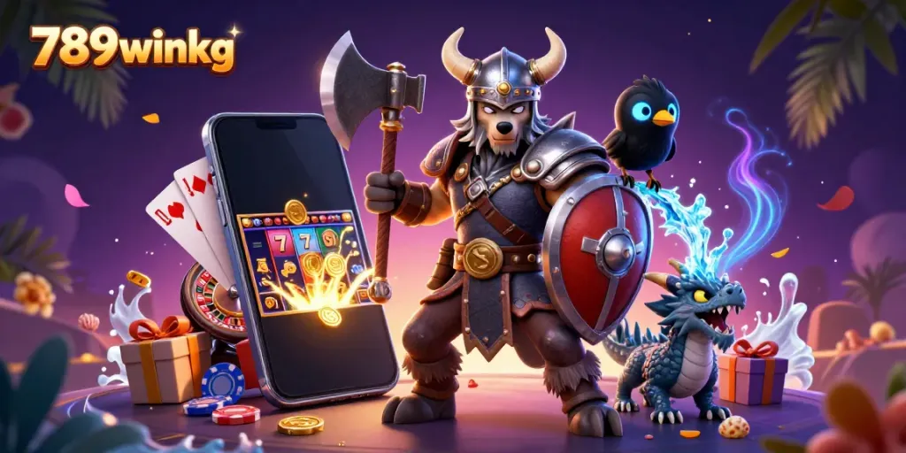 Experience the excitement of 789winkg with a Viking warrior, dragon, and gaming elements.