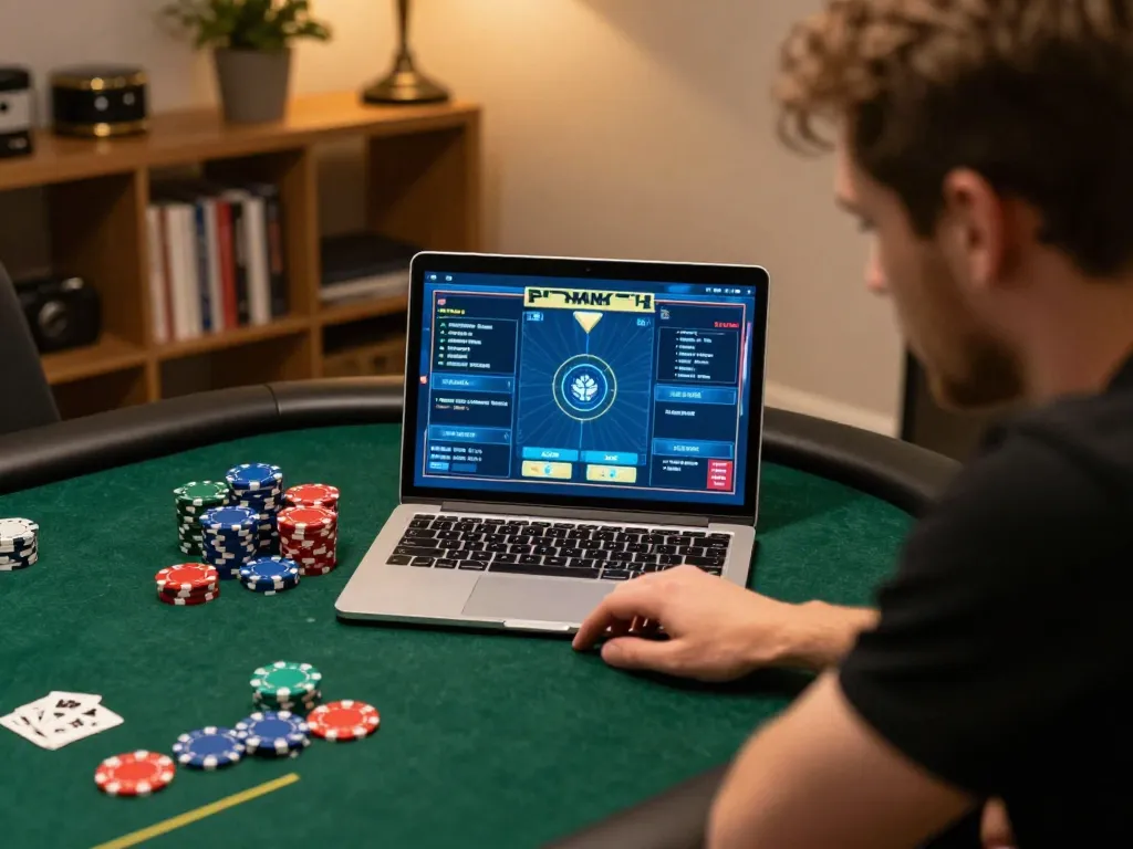 Pemain terlibat dalam permainan poker online strategis di ap686, dengan chip berwarna cerah dan tampilan laptop.