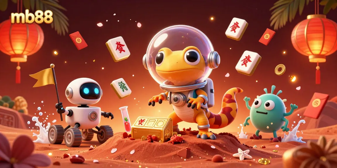 Experience excitement with mb88's vibrant 3D casino illustration showcasing a gecko and robot amidst gaming treasures.