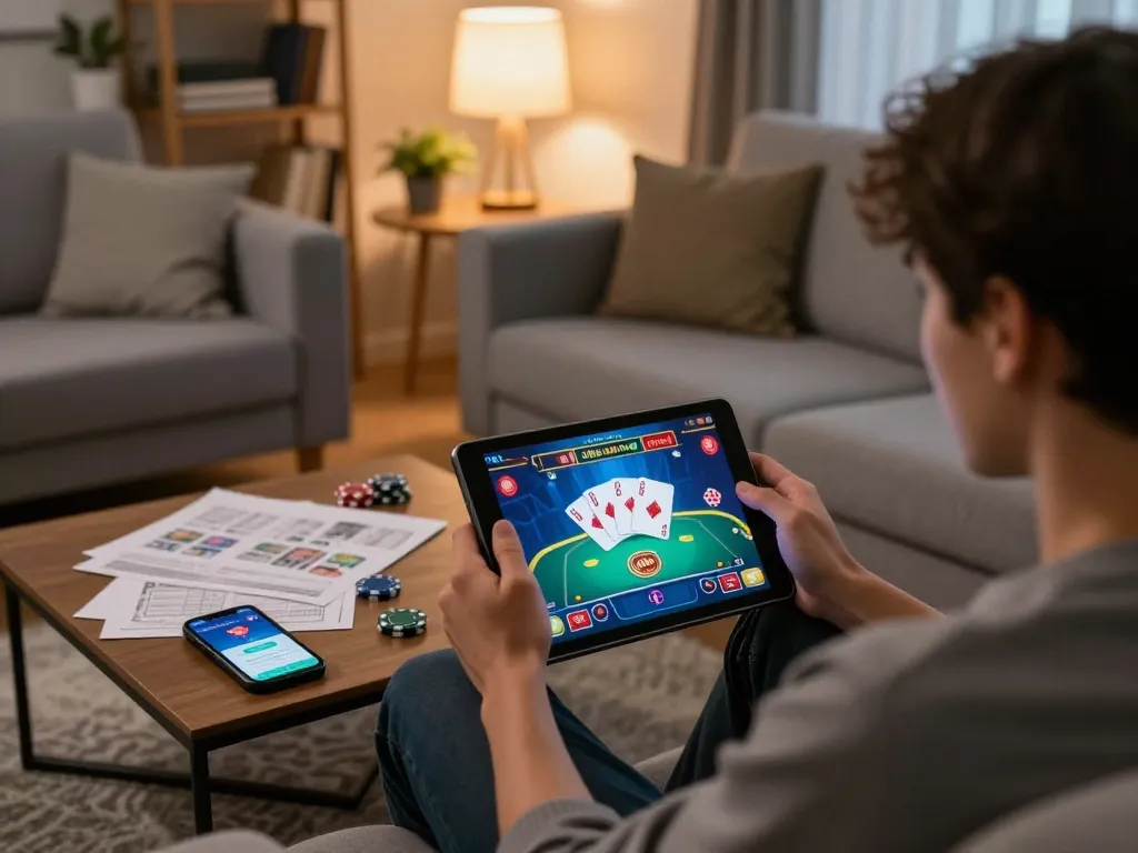 Engaging with hi88 online casino on a tablet in a cozy home setting, showcasing responsible gaming.
