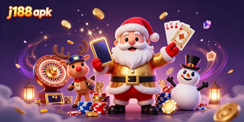 Experience thrill with j188 apk in a vibrant casino scene featuring Santa and friends.