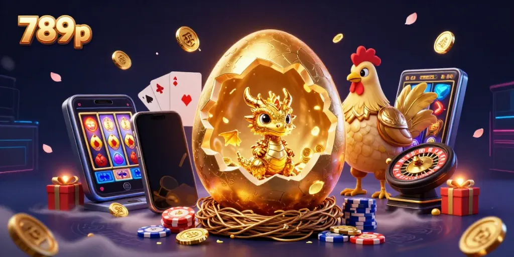 Experience the excitement at 789p with a golden dragon among poker chips and vibrant casino elements.