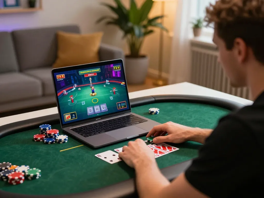 Playing top game bài đổi thưởng on a laptop in a stylish home setup, focused on online poker.