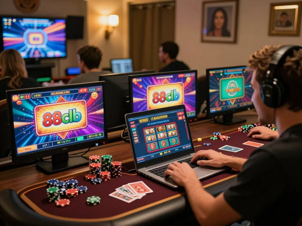 Engaging online gaming session at 88clb with vibrant screens showcasing various casino games.
