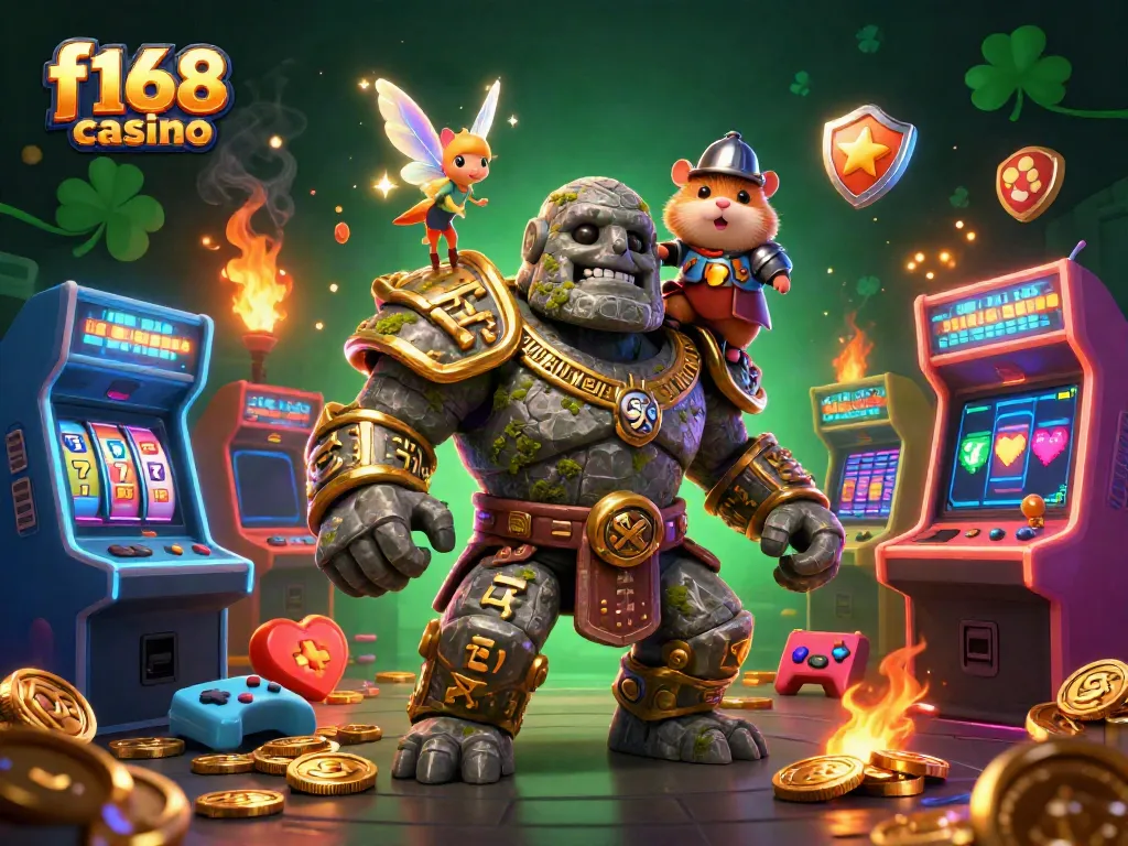 Engage in the exciting world of f168 casino with a dynamic illustration of a magical stone golem, fairy companion, and hamster knight.