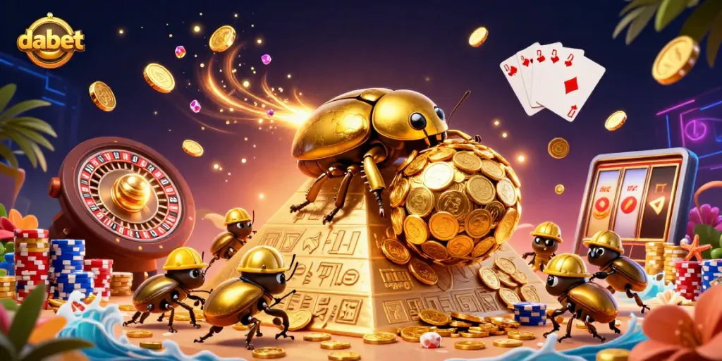 Engage with dabet at a colorful casino scene with golden beetles helping in the jackpot challenge.