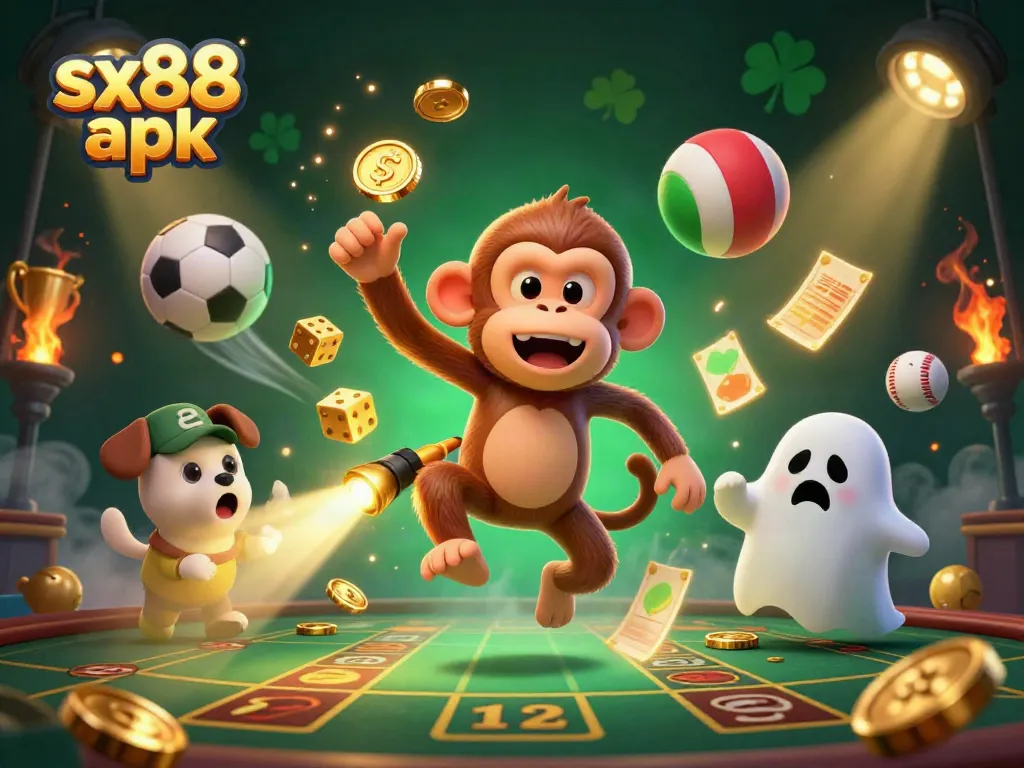 Experience the thrilling sx88 apk interface with a playful poltergeist monkey and a ghost-hunter puppy in a vibrant casino scene.