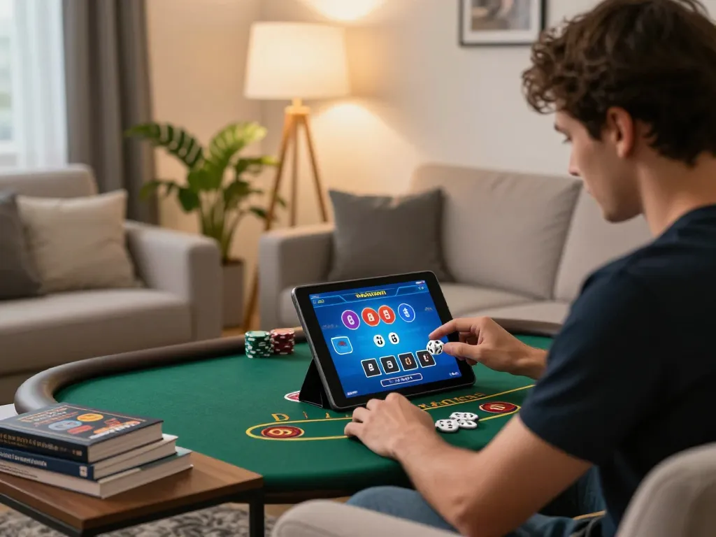 Engaged player at home using Lucky88 for online blackjack in a cozy environment, showcasing responsible gaming.