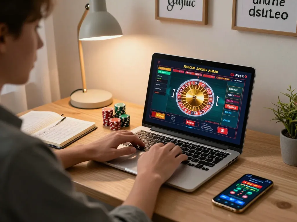 Win138 user engaging in strategic roulette gameplay on laptop at home office