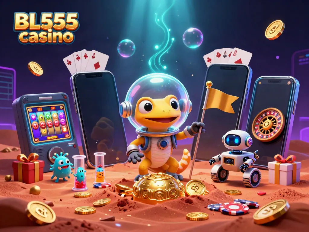 Experience excitement with BL555 casino's vibrant 3D scene featuring thrilling game elements and characters.