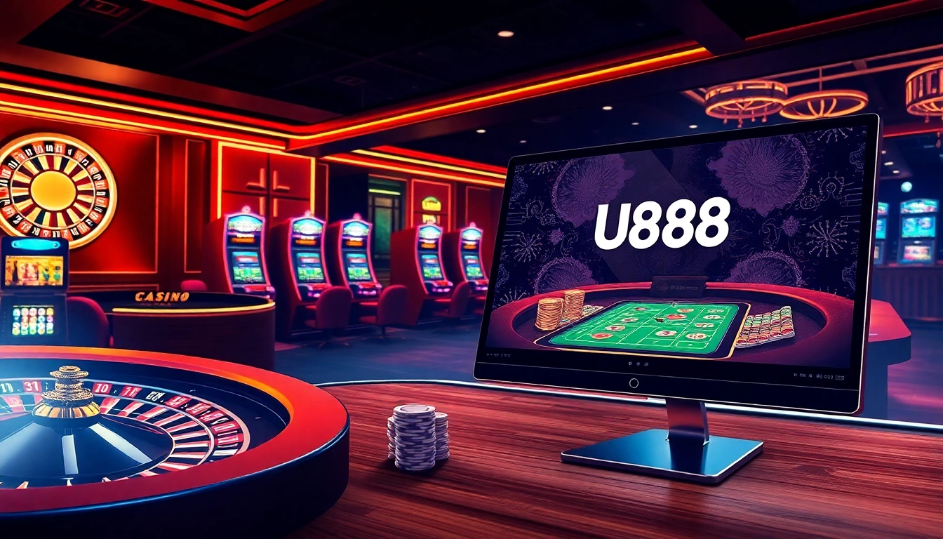 Experience high-stakes gaming at U888 with vibrant slot machines and an inviting casino atmosphere.