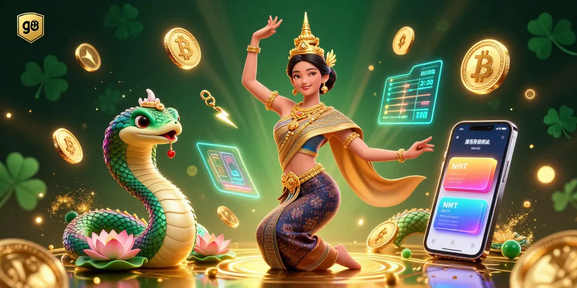 Gamble with go88 at a vibrant casino, showcasing an elegant Thai dancer and colorful Naga surrounded by crypto coins.