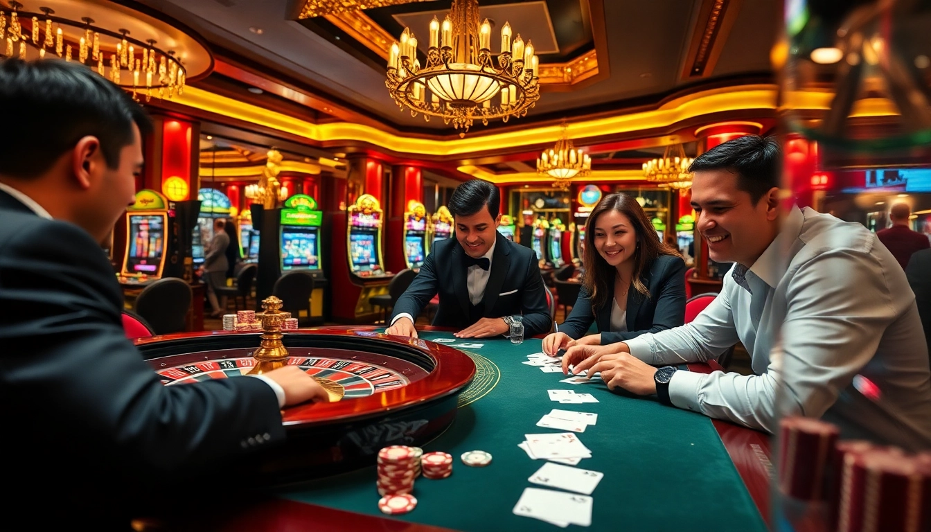 Engage in the electrifying E2BET game experience at a luxurious casino with vibrant roulette and poker activities.