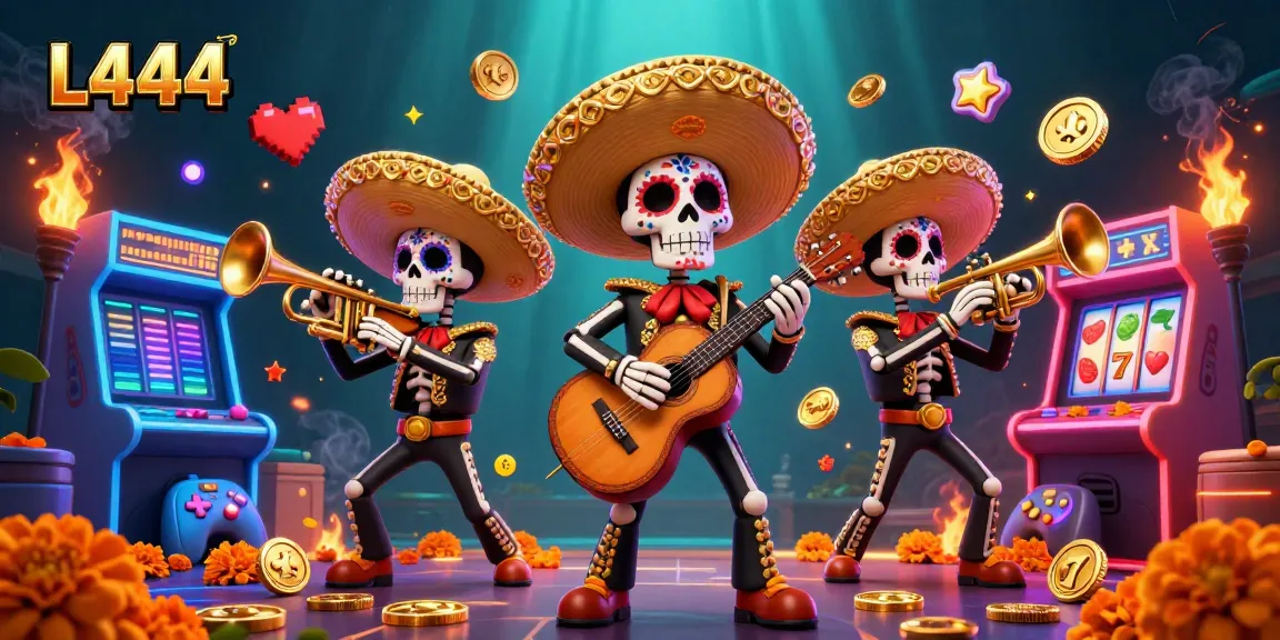Engage in thrilling gaming with L444's vibrant casino illustration showcasing mariachi band elements and slot machines.