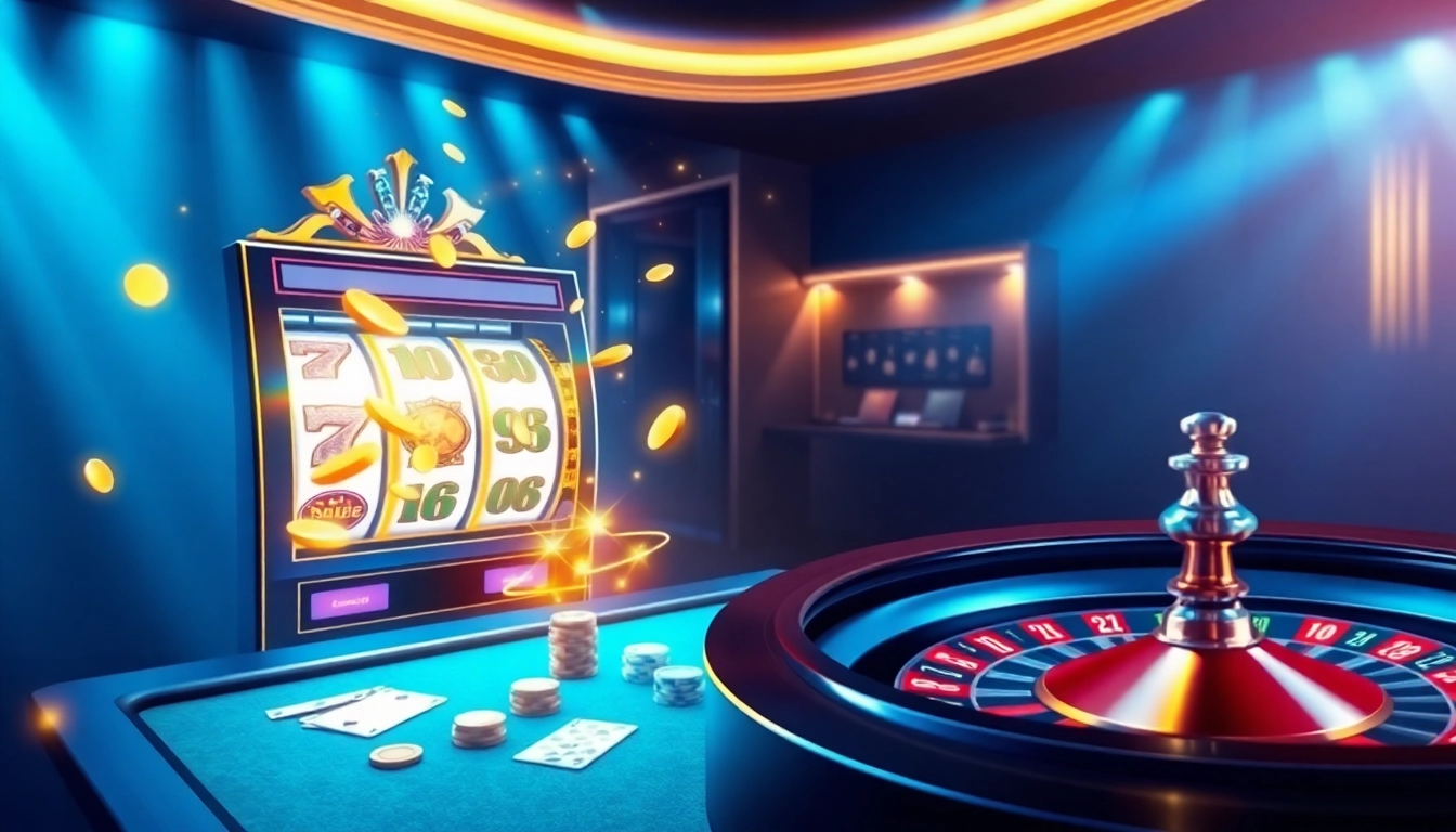 A stylish poker table and slot machine exemplifying the excitement of nk88.onl online gambling.