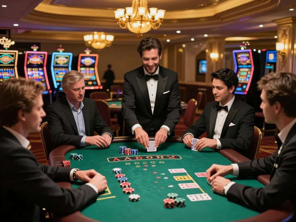 Players enjoying an exciting game of blackjack at a luxurious casino, showcasing mb66 gambling dynamics and ambiance.