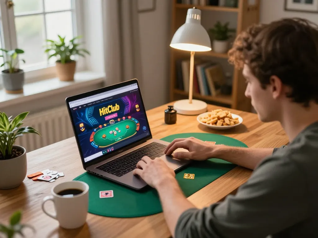 Player engaging in poker on Hitclub's online platform with a cozy gaming setup and warm lighting.