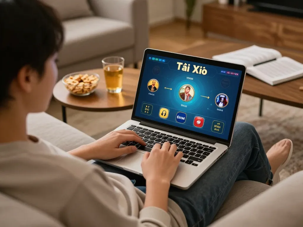 Tài Xỉu gameplay on a laptop in a cozy home setting, showcasing relaxed online gambling experience.