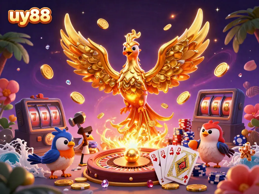 Experience dynamic gaming action with uy88's golden phoenix emerging from molten gold and surrounding casino elements.