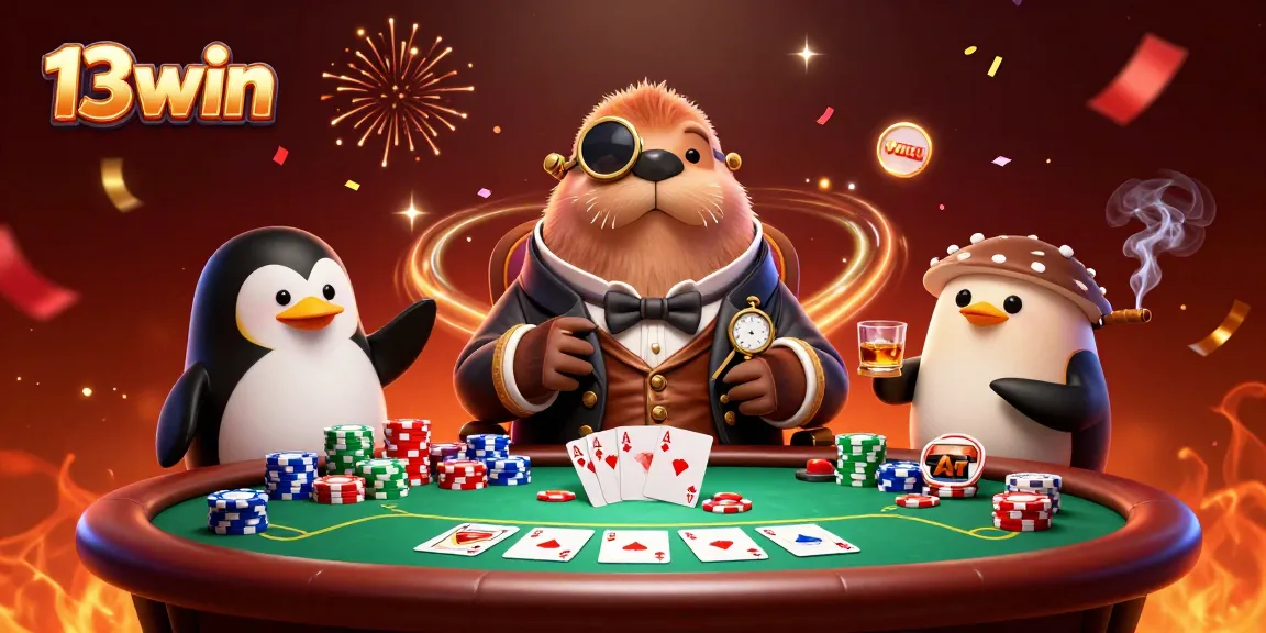 Engage in thrilling 13win poker action with a walrus and characters at an underwater table.