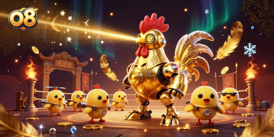Watch the vibrant o8-themed illustration featuring the golden rooster robot and baby chick drones in a lively cockfighting arena.