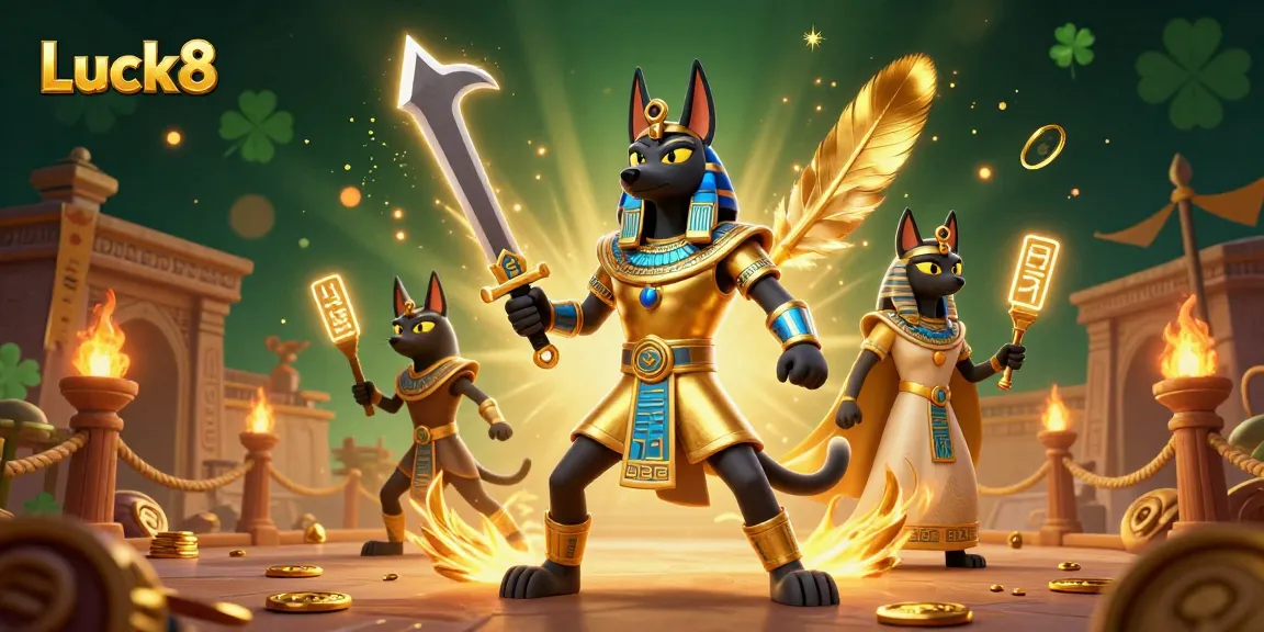 Experience the thrill of Luck8 with Anubis and Bastet amidst a richly detailed casino scene.