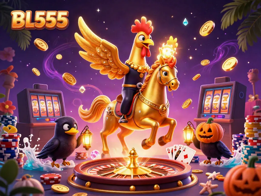Experience the excitement at BL555 casino with a vibrant midnight scene filled with golden coins and sparkling gems.