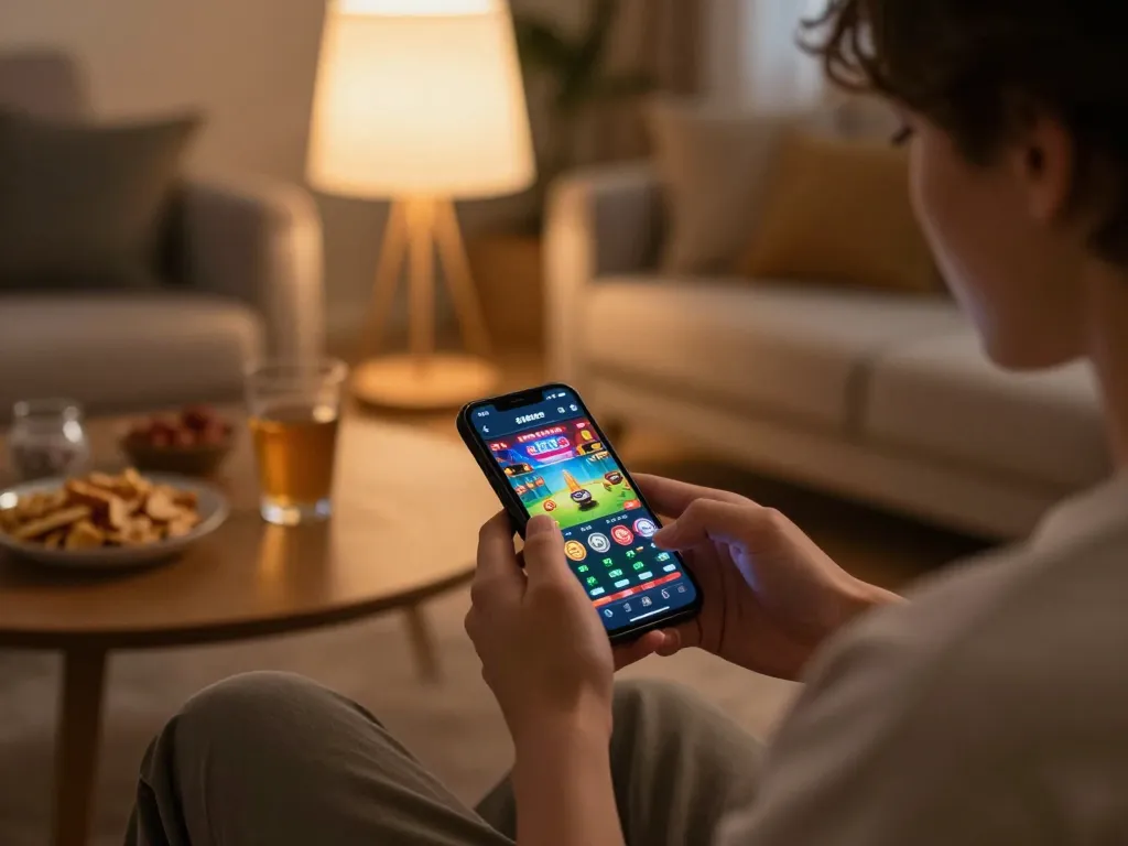 Engaging player immersed in SC88 Market gaming app on smartphone at home, showcasing responsible gaming.