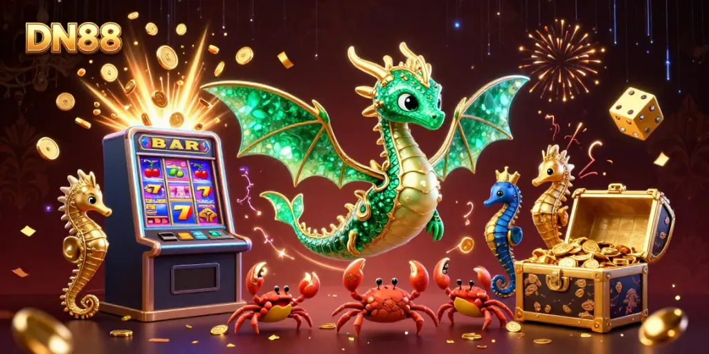 Experience the thrill of DN88 with a vibrant slot machine jackpot and whimsical sea creatures.