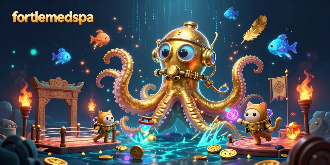 Join the excitement at fortleemedspa with a colossal kraken and diving cat amid swirling tokens in a vibrant casino scene.