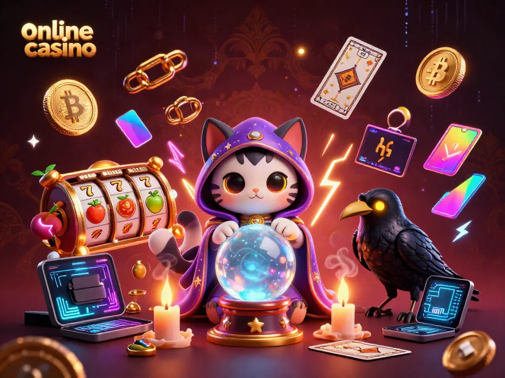 Experience an online casino adventure with a mystical cat, raven, and vibrant gaming elements.