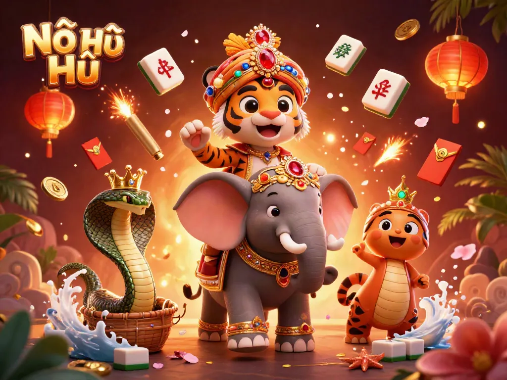 Experience the thrill of Nổ Hũ with colorful symbols and dynamic scenes in this vibrant casino illustration.