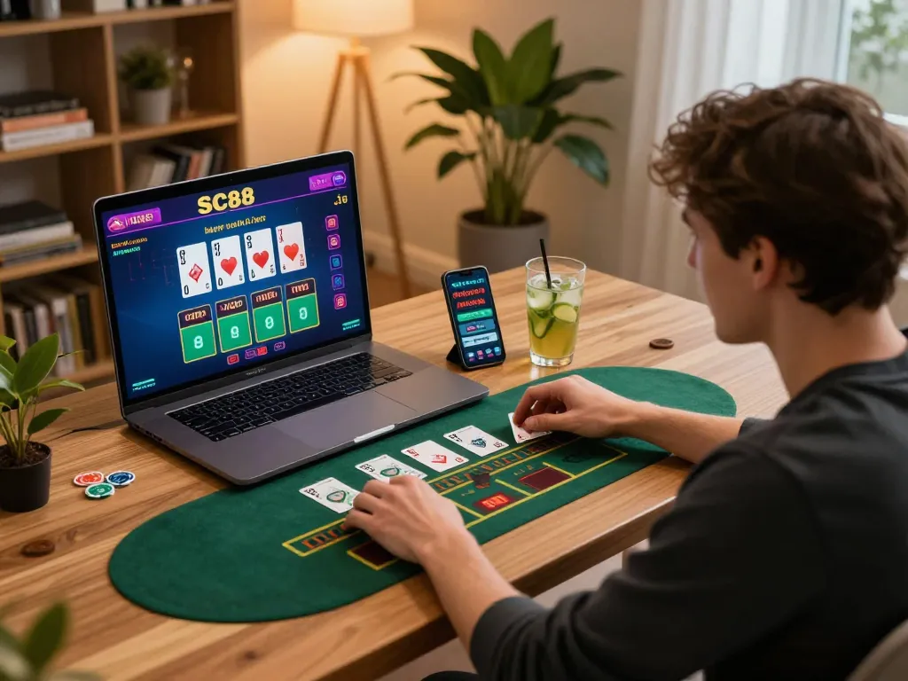 Player enjoying sc88 live dealer blackjack on a laptop, showcasing responsible gambling in a cozy home environment.